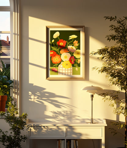 Colorful floral art print “Poppies” by Leens featuring vibrant red, pink, yellow, and orange poppy flowers in a patterned vase against a dark green background. Contemporary botanical wall art print for modern interiors.
