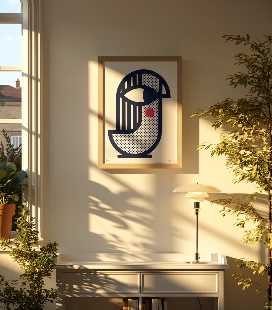 Handmade geometric screenprint titled Bird 2 by PLUMO featuring abstract bird-inspired shapes in deep cobalt blue with dotted textures and a bright pink circle on a neutral background.