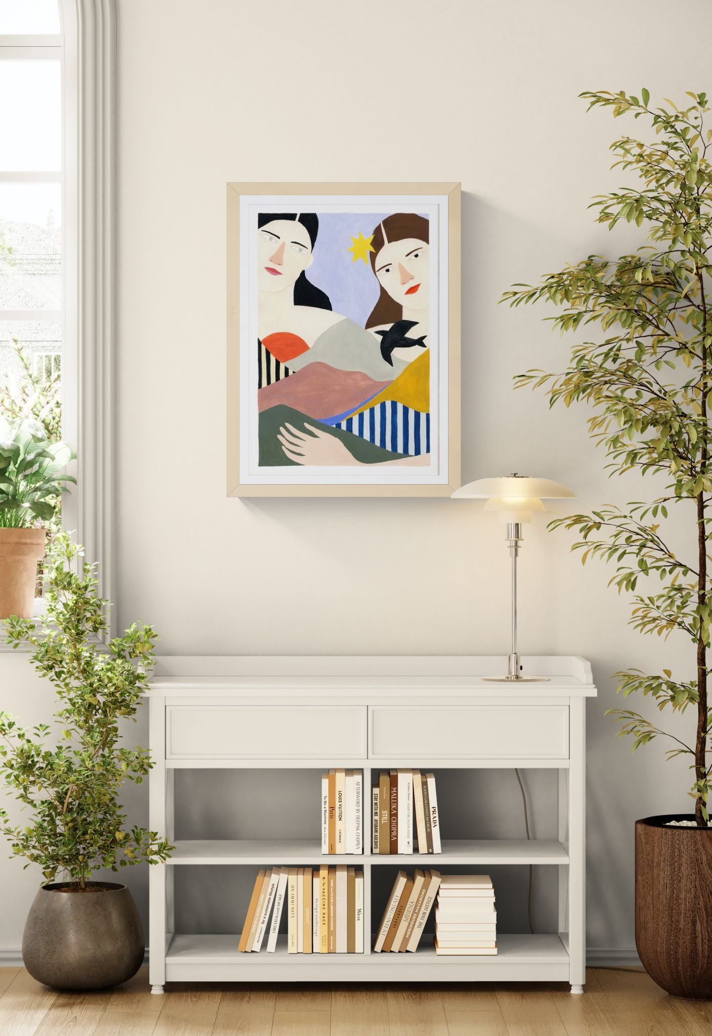 Minimalist illustration of two women with calm expressions blended into abstract mountain shapes, soft earthy tones, and geometric patterns in a modern A3 art print