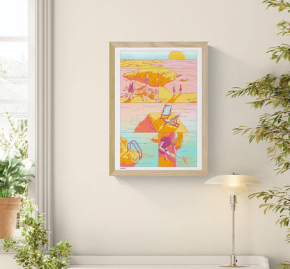 AOÛT 99 by Camille Berniard – limited edition 4-color risograph art print in warm pink, orange, and turquoise tones, depicting sunlit coastal scenes with figures and a deckchair. A nostalgic summer artwork on Munken Print White paper, signed and numbered by the French artist