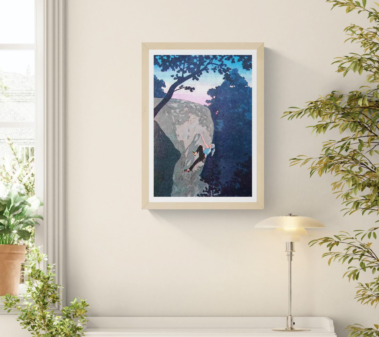 Expressive illustration by Victor Pellet titled 'Ascension Crépusculaire,' depicting a female rock climber ascending a rugged cliff face at dusk. Framed by silhouettes of trees and a soft pink-blue twilight sky, this atmospheric artwork captures the strength, solitude, and serenity of climbing in nature—ideal for outdoor enthusiasts, adventure art collectors, and modern interiors