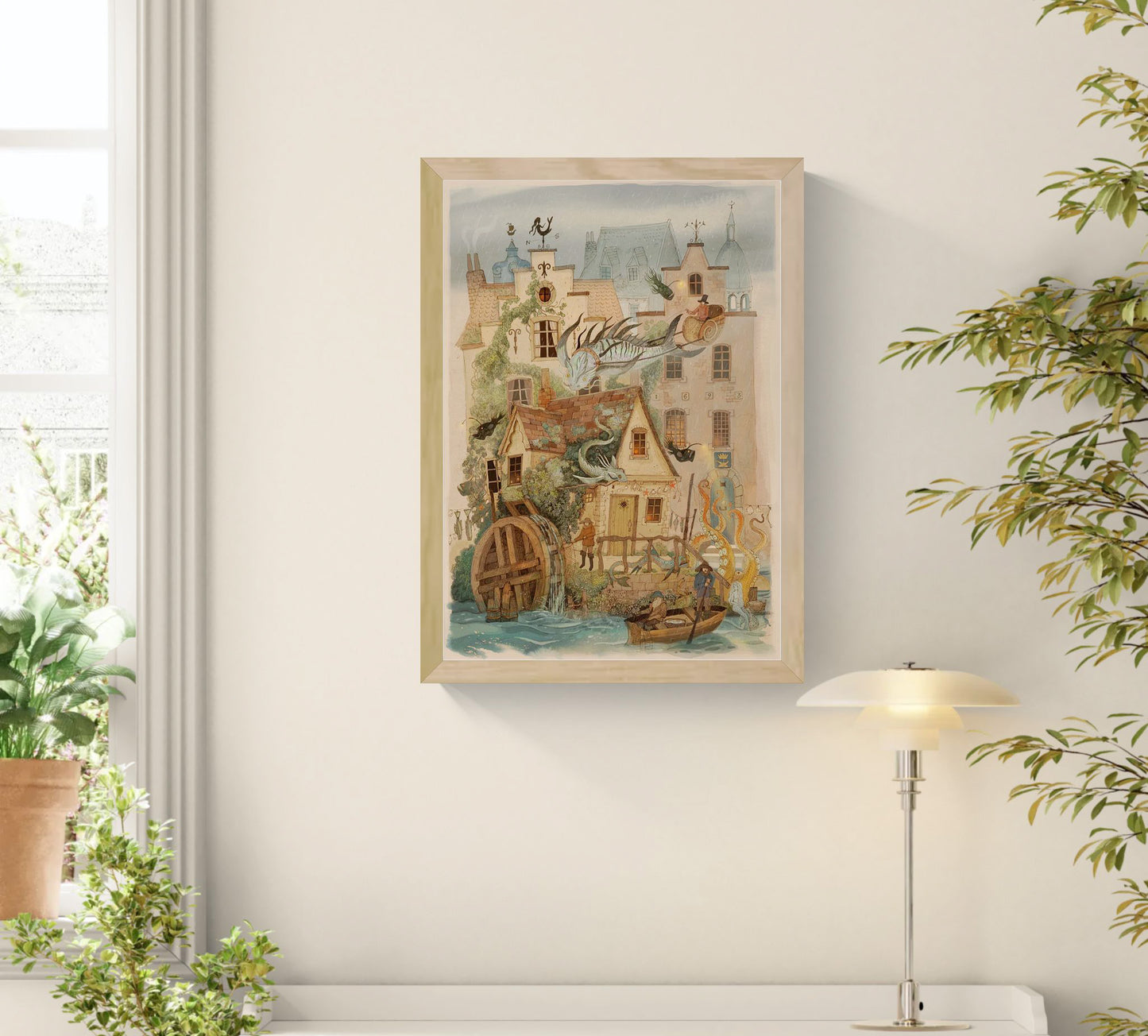 Fantasy-style illustration of Bruges by Lena Yampolski with magical creatures, dragons, octopus tentacles and charming Belgian houses – high-quality Giclée print available in A4 and A3, perfect wall decor for folklore and fantasy art lovers.