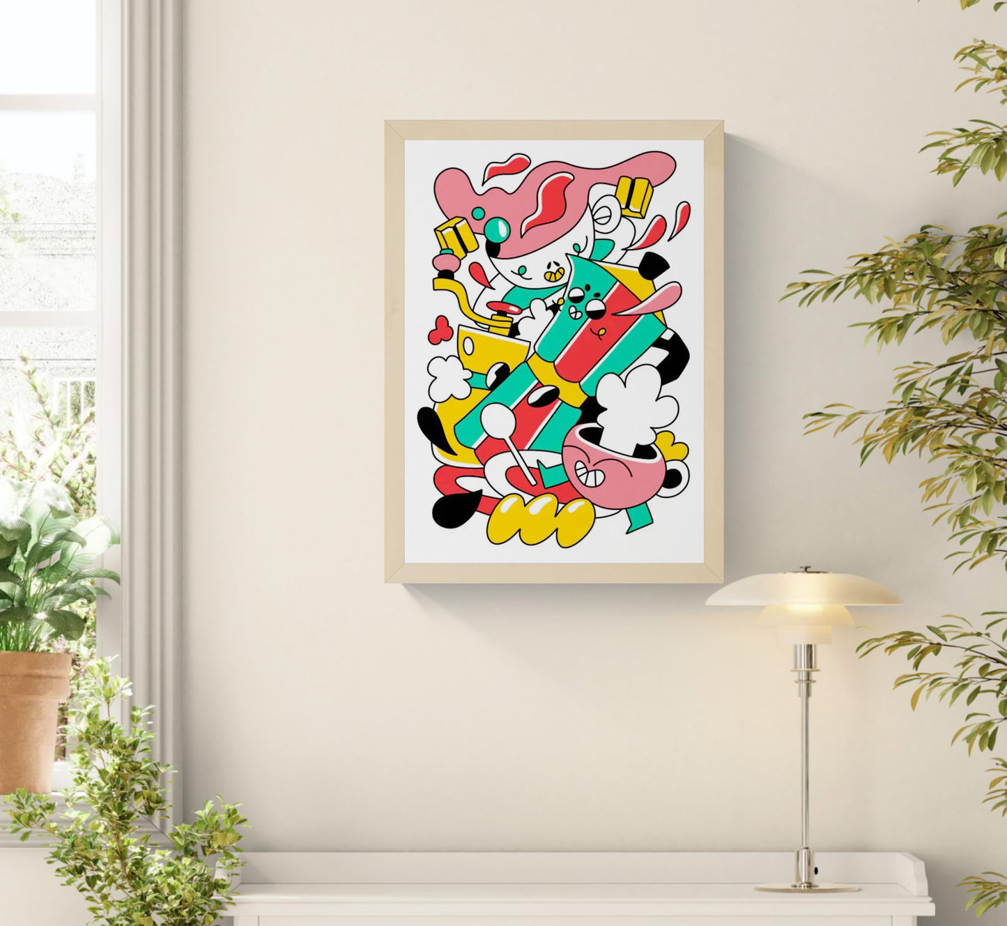 Colorful limited edition A3 risograph print titled “Coffee Rally” by Belgian artist Auwnanas, featuring playful cartoon characters, bold red, yellow, green and black shapes, dynamic coffee-themed elements, and energetic movement; modern quirky wall art for design lovers.