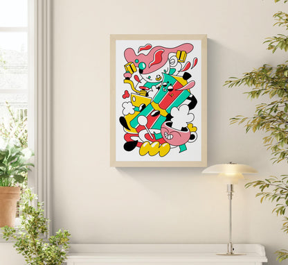 Colorful limited edition A3 risograph print titled “Coffee Rally” by Belgian artist Auwnanas, featuring playful cartoon characters, bold red, yellow, green and black shapes, dynamic coffee-themed elements, and energetic movement; modern quirky wall art for design lovers.