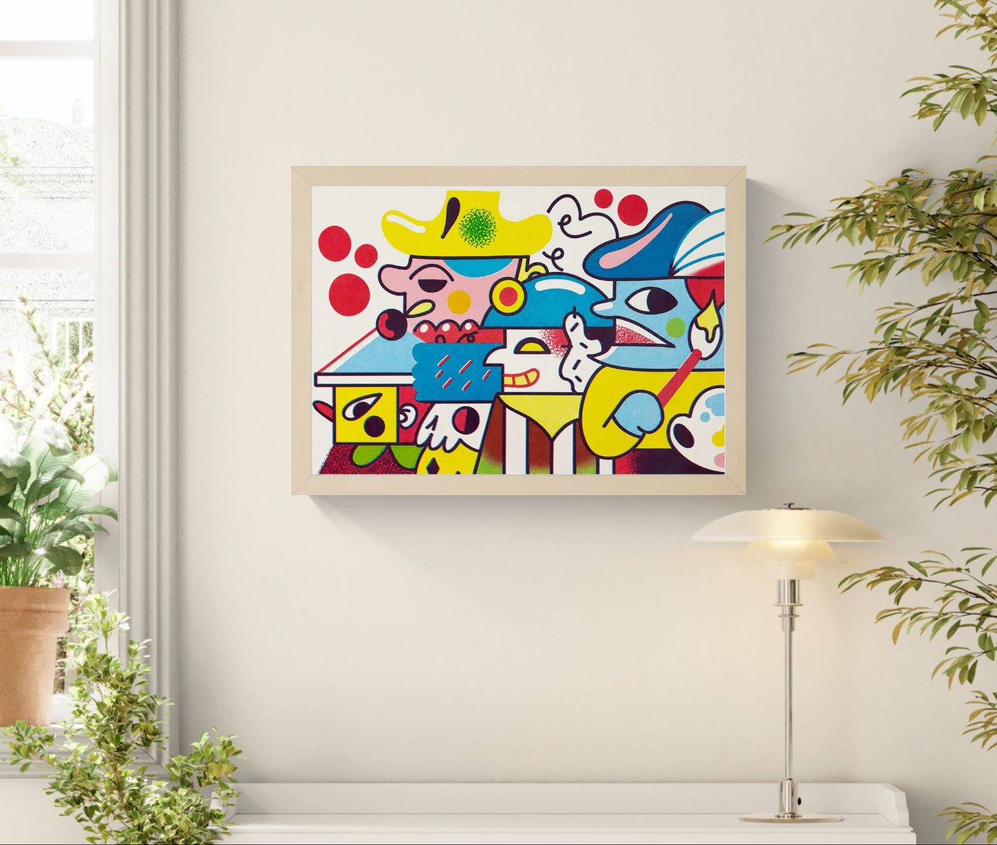 Vibrant A3 risograph print “Plaza Parade” by Auwnanas featuring bold geometric shapes, colourful surreal characters and playful street-parade energy; limited edition modern art print made in Belgium, perfect for contemporary interiors and design lovers seeking bright, quirky wall art.