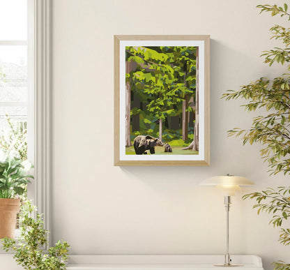 Momma Bear by Floor 4 Productions, limited edition A3 woodland art print featuring a mother bear and cub in a peaceful green forest scene.