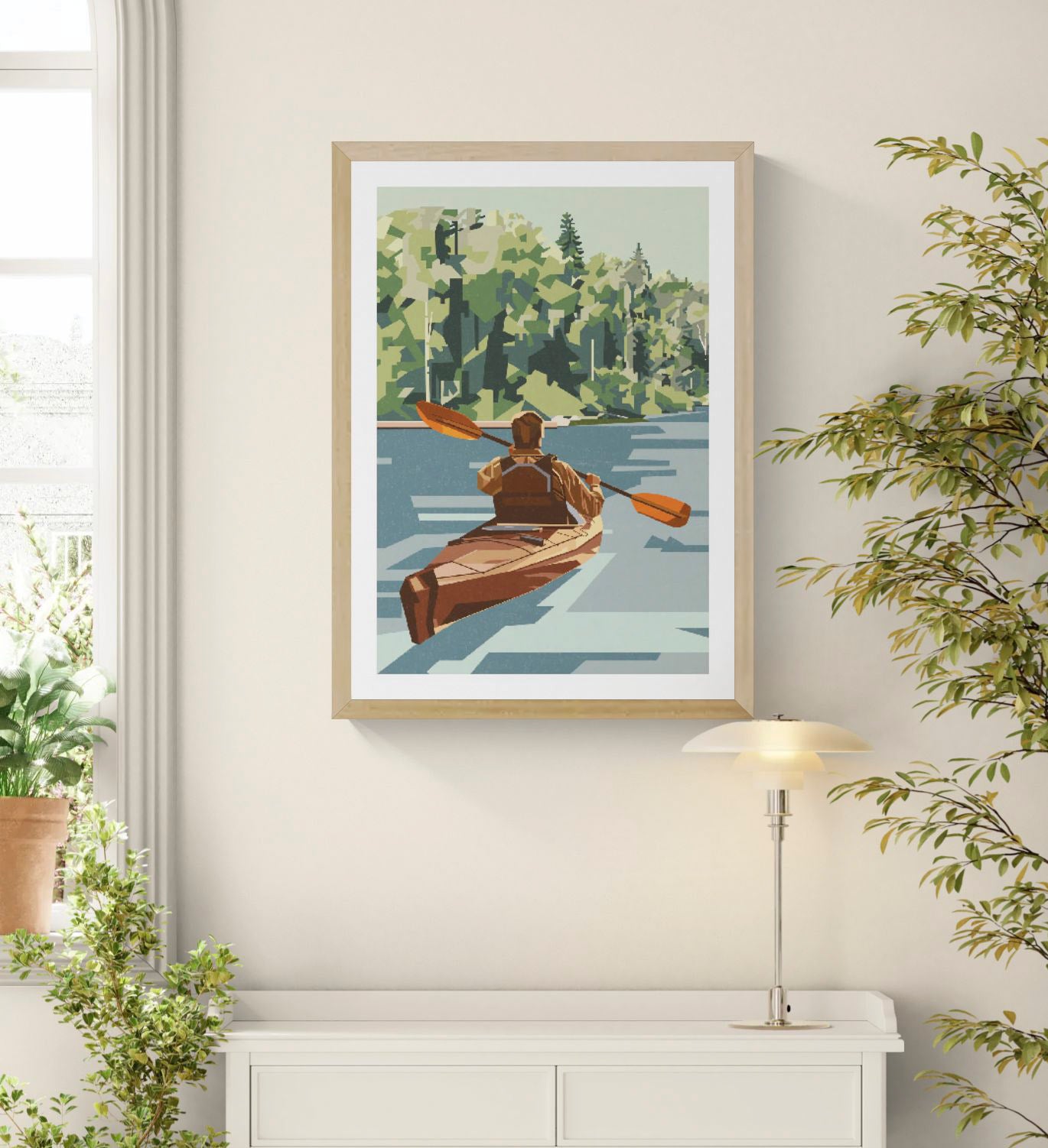 Out of Office A3 art print by Floor 4 Productions featuring a kayaker on a quiet lake surrounded by green forest, ideal for nature-inspired wall art and modern home decor.