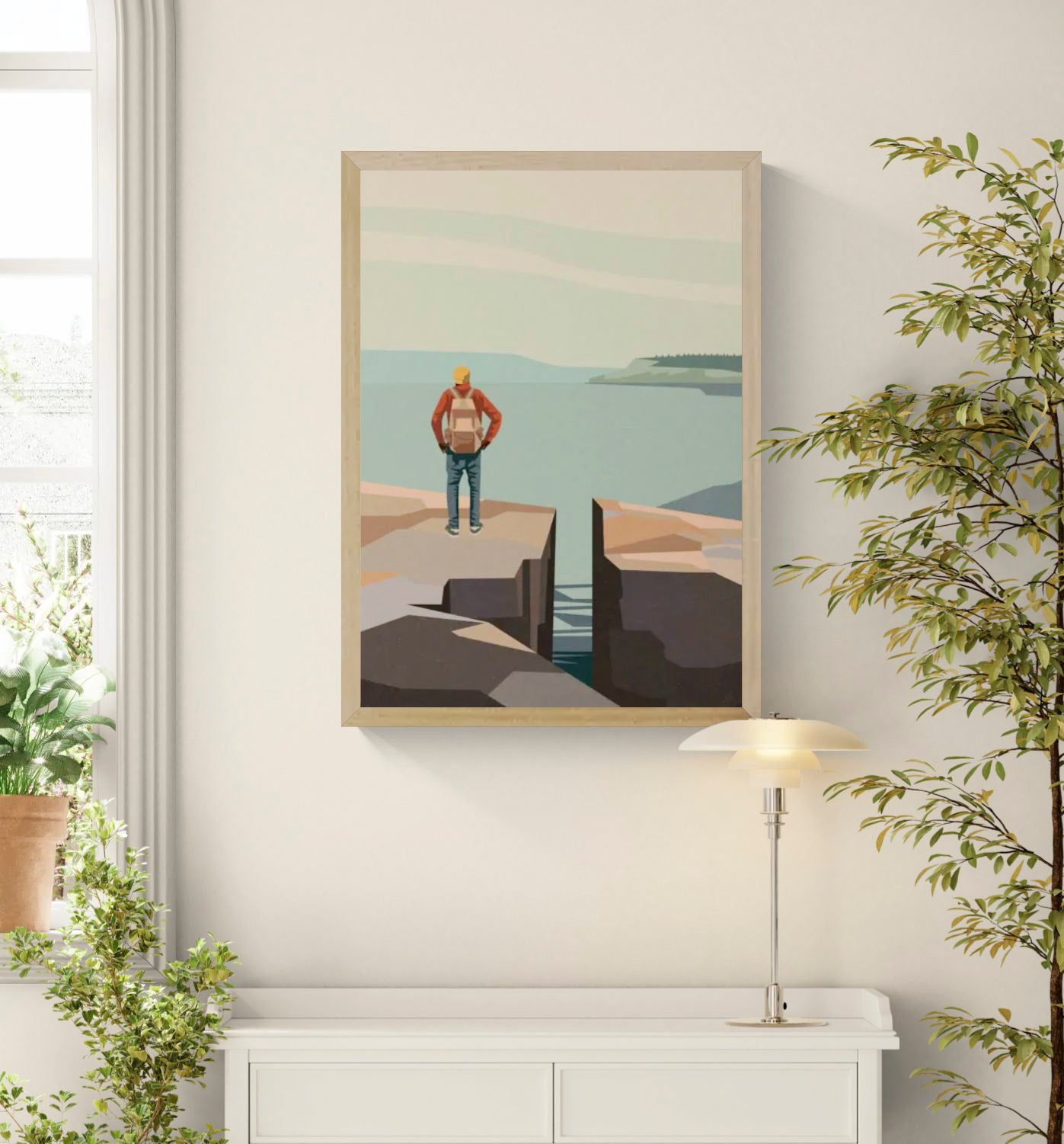 Digital art print “Walk with a View” by Floor 4 Productions, showing a lone hiker with a backpack standing on a rocky cliff, facing the sea and a distant island under pastel skies. Contemporary Belgian illustration.
