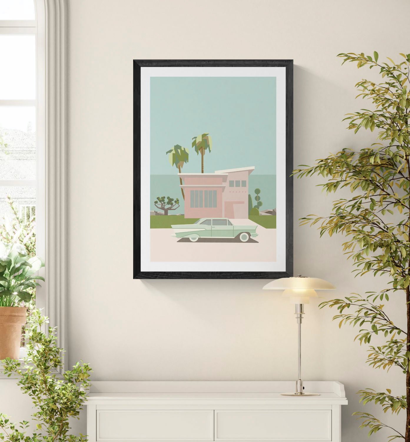 Minimalist illustration of a pastel mid-century house with palm trees and a vintage mint green car in front, titled Palm Springs by Floor 4 Productions – A3 art print.