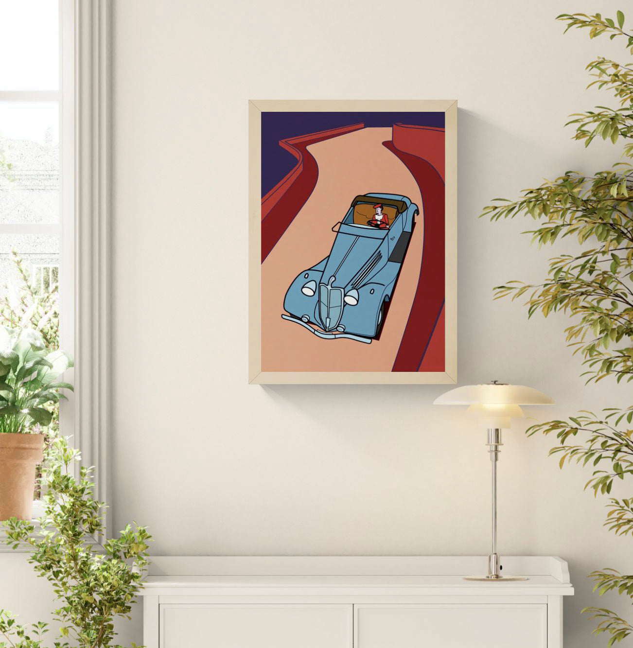 Retro vintage car driving on a winding road illustration, graphic mid-century style wall art print for modern home office or hallway decor