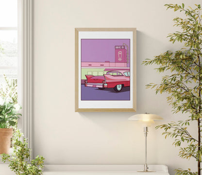 Retro Americana A3 art print by Floor 4 Productions featuring a pink vintage car in front of a neon drive-in diner with purple and pink tones.