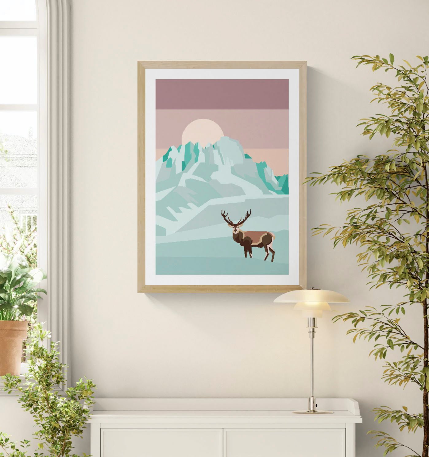Minimalist illustration of a deer in a snowy mountain landscape with full moon by Floor 4 Productions – modern Scandinavian-style art print in soft pastel tones, perfect for nature lovers and contemporary home decor