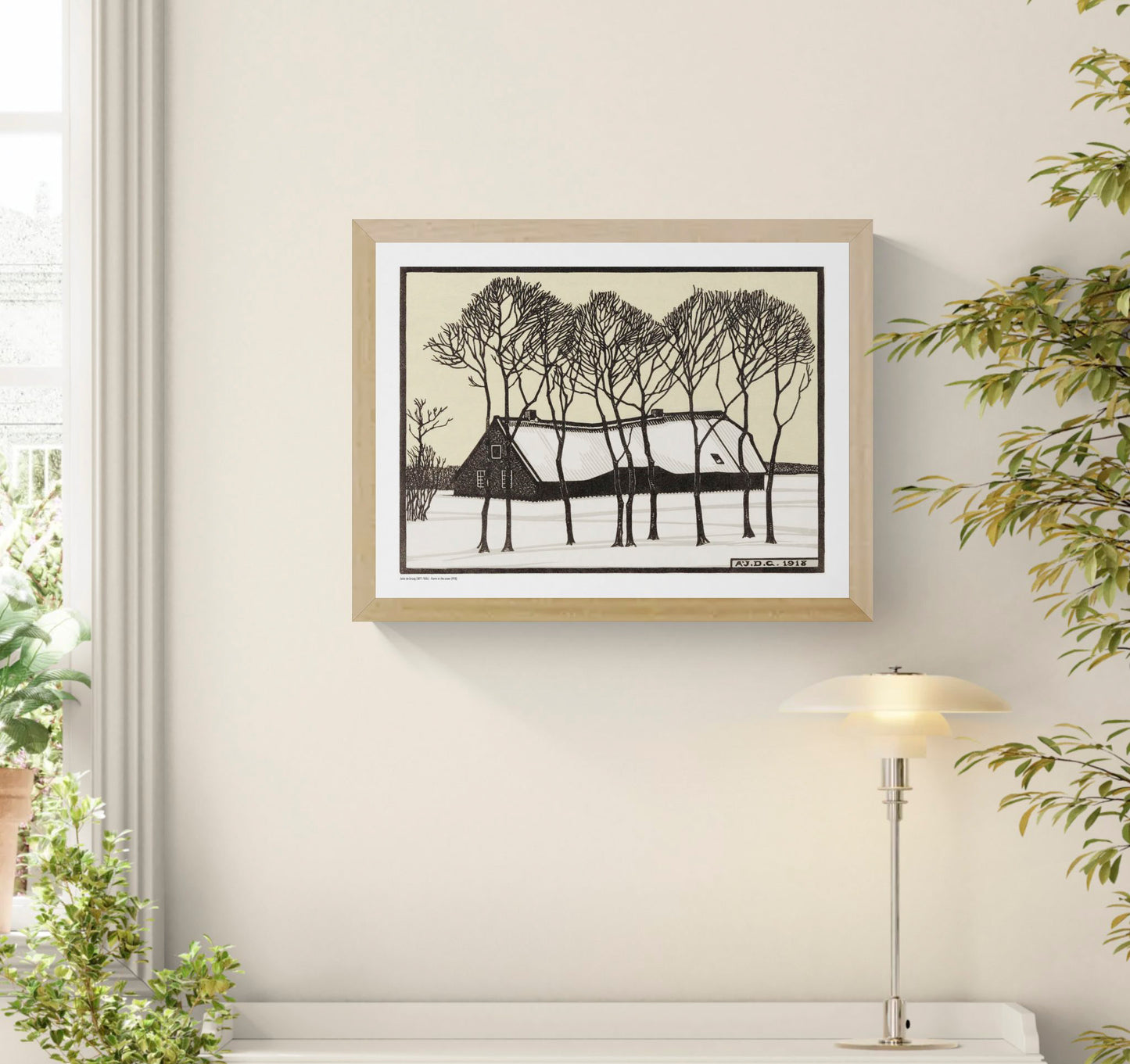 Black and cream winter landscape by Julie de Graag showing a snow-covered farmhouse behind tall bare trees, reproduced as a horizontal digital print for calm wall art and natural home decor.