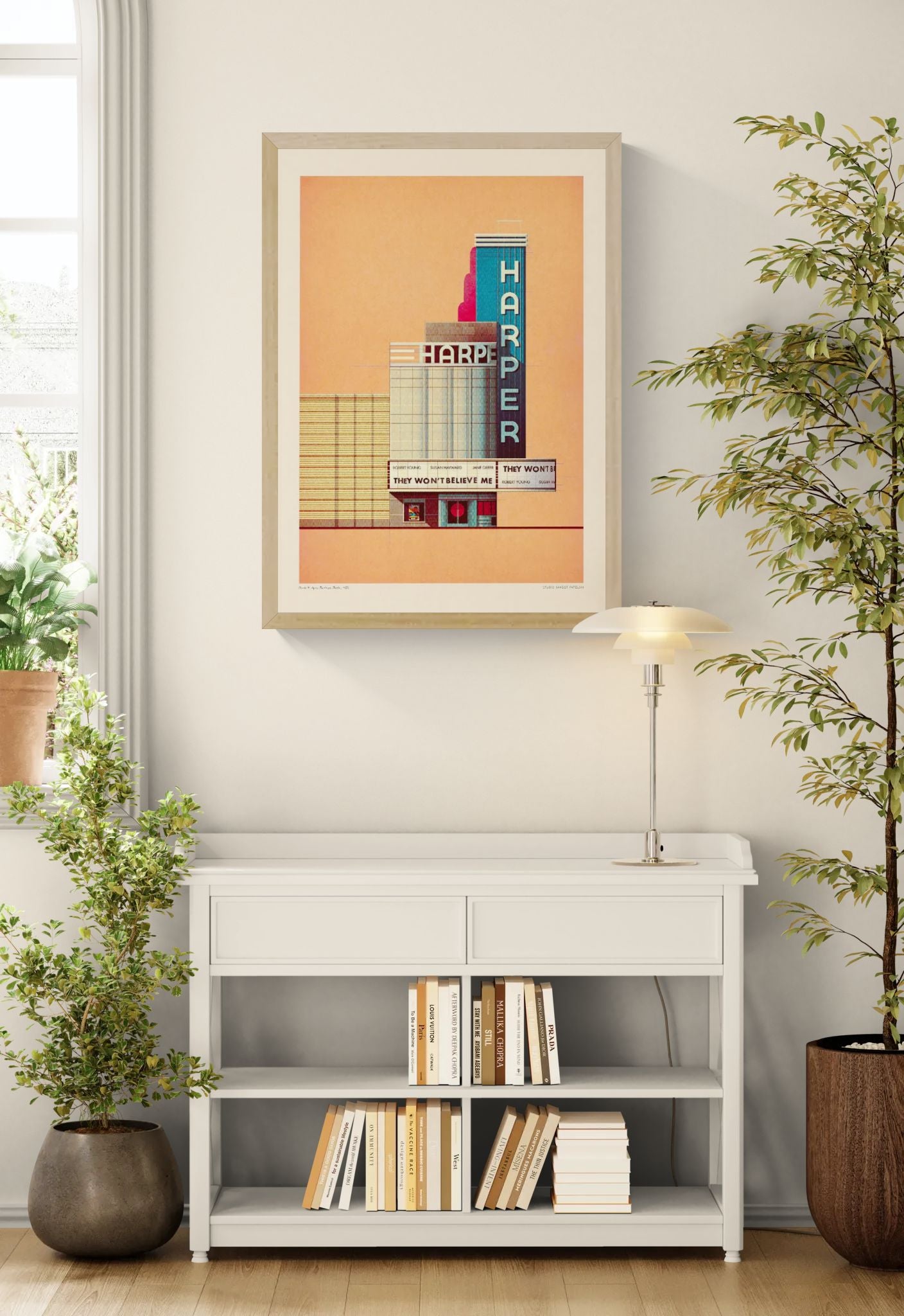 The Harper Theater 1939 by Sander Patelski, large 50 x 70 cm architectural digital art print featuring a vintage Art Deco cinema facade in warm peach, blue, and red tones with retro typography and minimalist urban design.