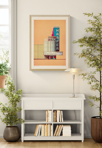 The Harper Theater 1939 by Sander Patelski, large 50 x 70 cm architectural digital art print featuring a vintage Art Deco cinema facade in warm peach, blue, and red tones with retro typography and minimalist urban design.