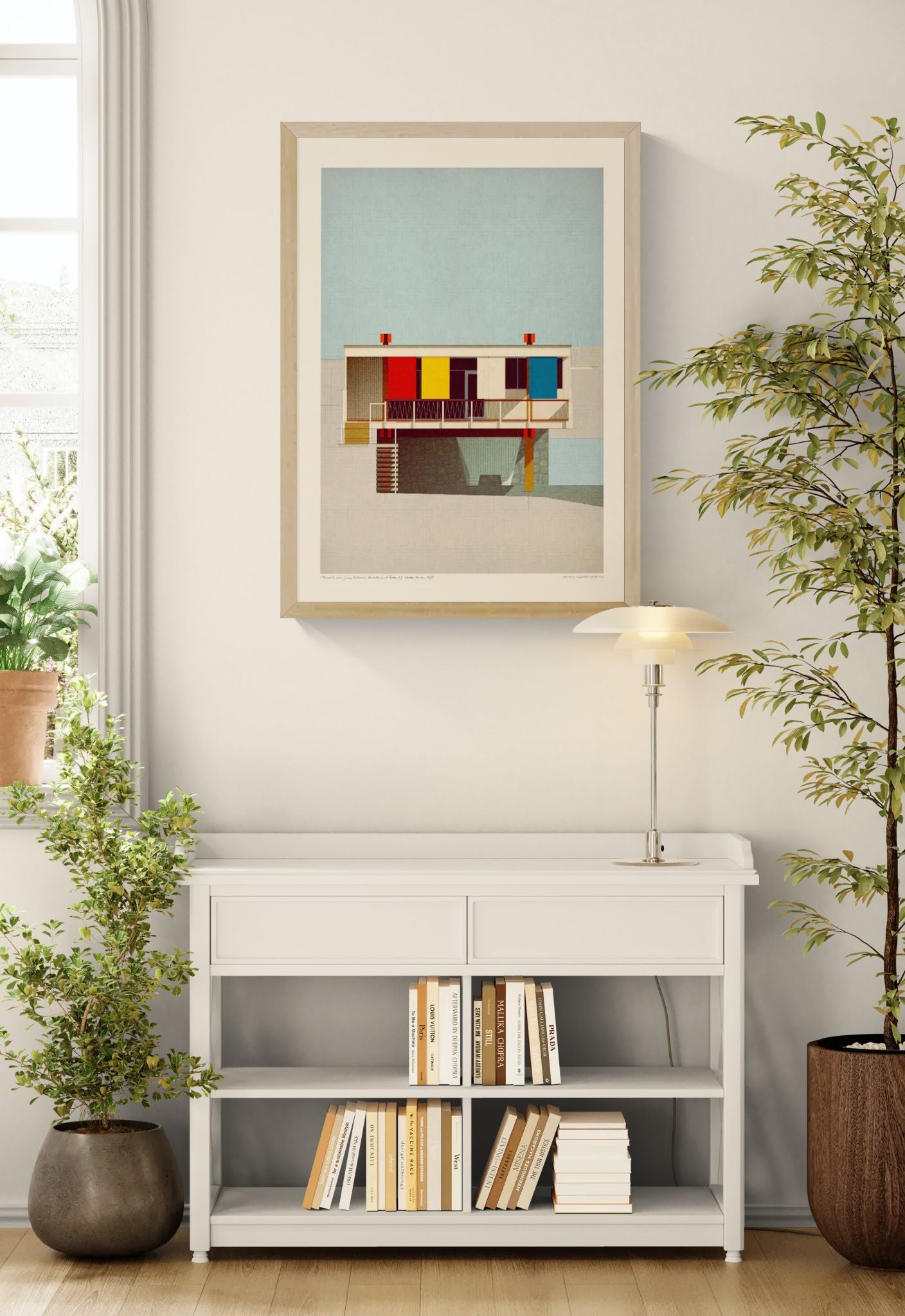 Mid-century modern architectural digital art print by Studio Sander Patelski, showing the Breuer, Beckhard, Alworth and Starkey House from 1955 with geometric shapes, warm textures, and vintage-inspired colours.