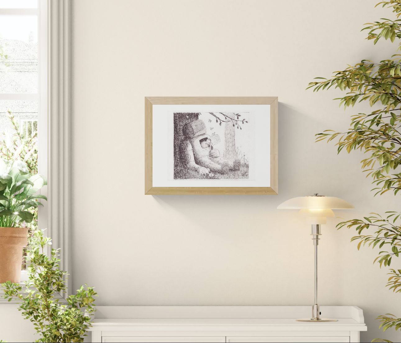 Black and white pencil illustration by Willy Leung showing a large sleeping robot leaning against a tree while a small child rests safely inside its open chest cavity in a peaceful forest setting, printed as an A4 giclée art print.