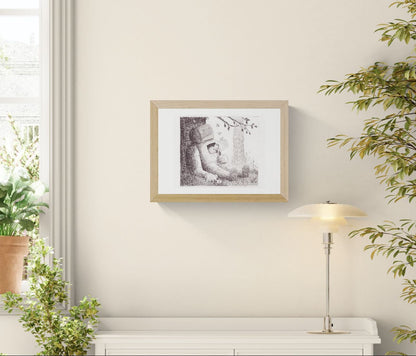 Black and white pencil illustration by Willy Leung showing a large sleeping robot leaning against a tree while a small child rests safely inside its open chest cavity in a peaceful forest setting, printed as an A4 giclée art print.