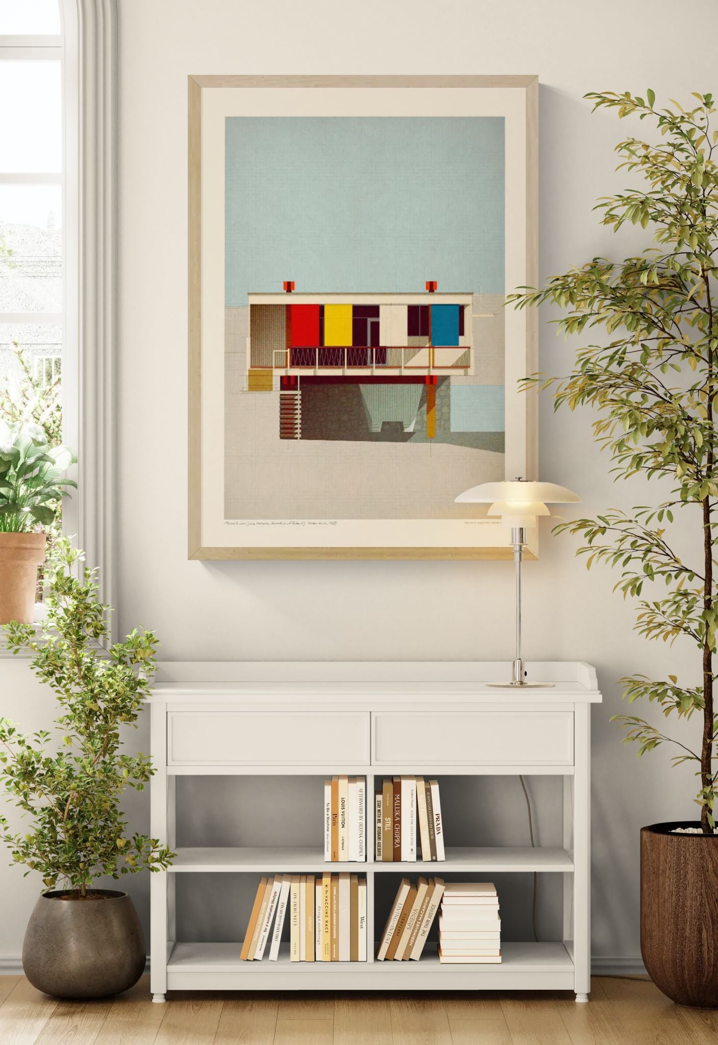 Mid-century modern architectural digital art print by Studio Sander Patelski, showing the Breuer, Beckhard, Alworth and Starkey House from 1955 with geometric shapes, warm textures, and vintage-inspired colours.