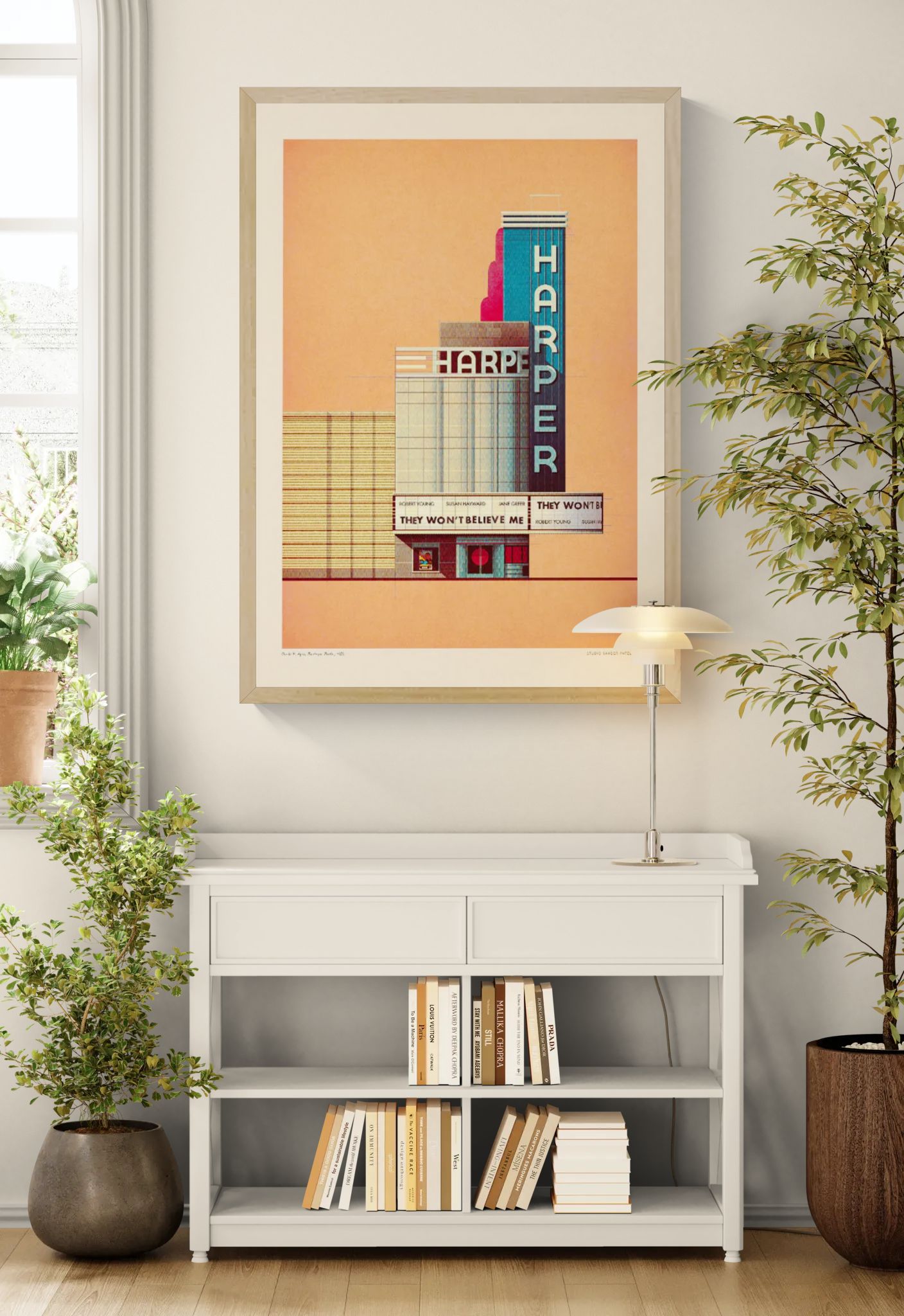 The Harper Theater 1939 by Sander Patelski, large 50 x 70 cm architectural digital art print featuring a vintage Art Deco cinema facade in warm peach, blue, and red tones with retro typography and minimalist urban design.