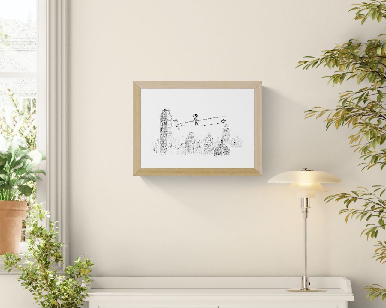 A4 giclée art print “Dizzy” by Willy Leung, minimalist line illustration with poetic balance and open space, calm wall art for modern interiors.