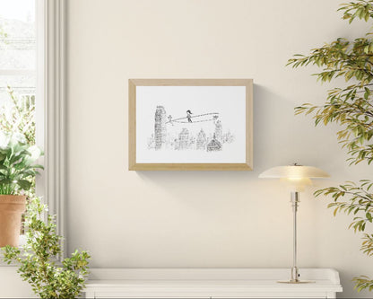 A4 giclée art print “Dizzy” by Willy Leung, minimalist line illustration with poetic balance and open space, calm wall art for modern interiors.