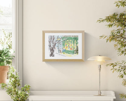 Winter-themed Giclée print by Belgian illustrator Willy Leung – charming A4 art print of a snowy street with a child admiring colorful birdhouses in a shop window – printed with archival pigment inks on 308 gsm Hahnemühle fine art paper.