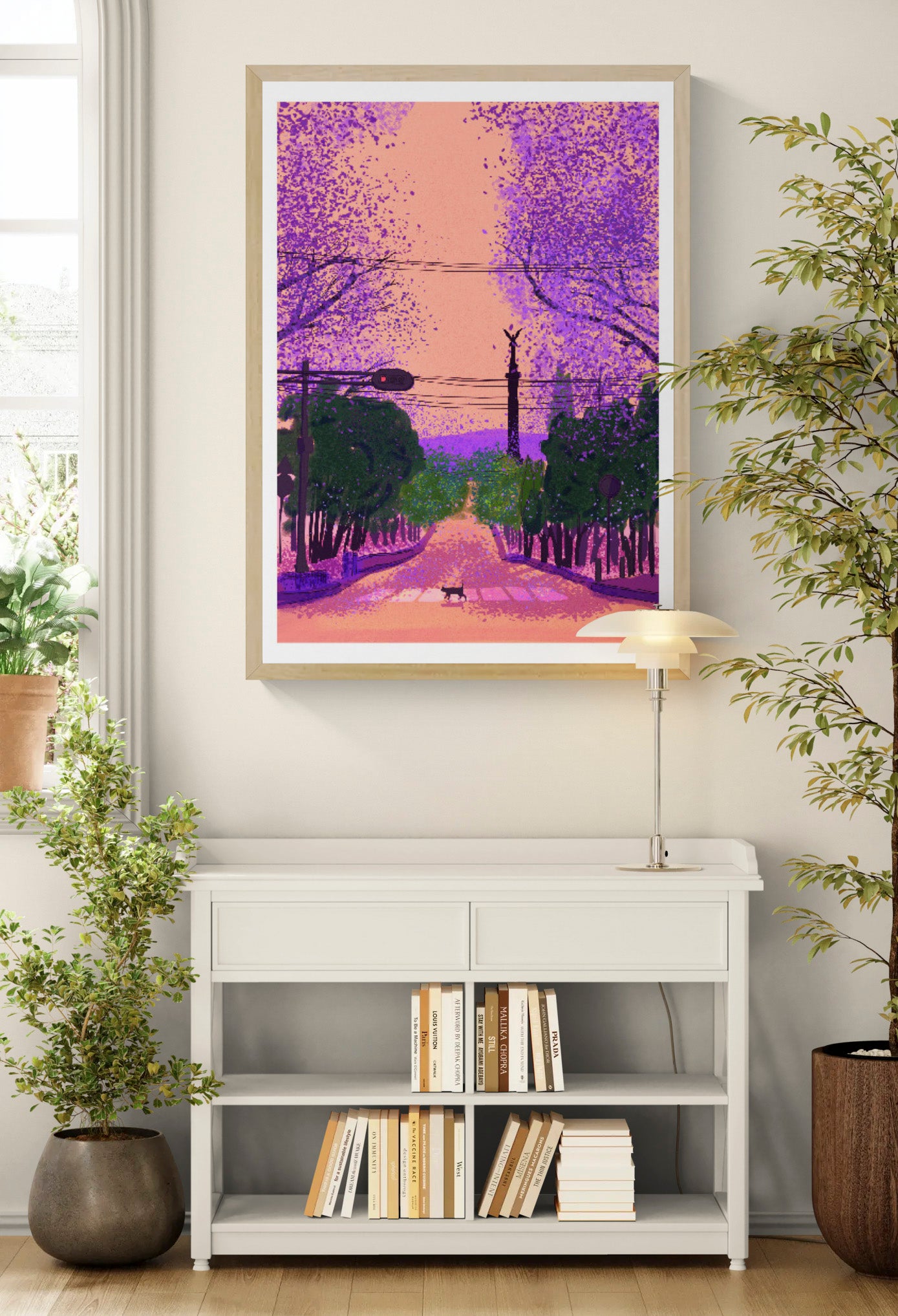 Colourful vertical giclée art print by Valeria Maggiani showing Paseo de la Reforma in Mexico City beneath purple jacaranda trees, with the Ángel de la Independencia and a cat crossing the road.