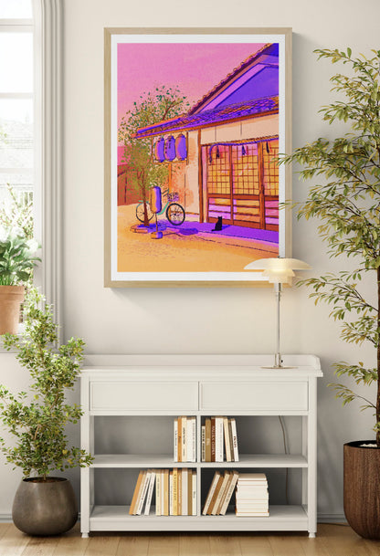 Colourful vertical giclée print by Valeria Maggiani showing a woman outside a traditional home in Uji, Japan, in vivid pink, purple, blue and green tones.