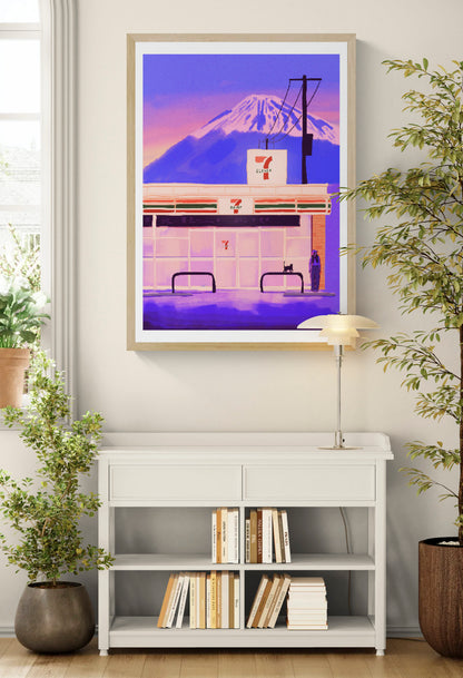 Colourful vertical giclée print of a Japanese street glowing at night, with shops, lanterns and Mount Fuji beneath a deep blue sky, ideal as travel-inspired wall art.
