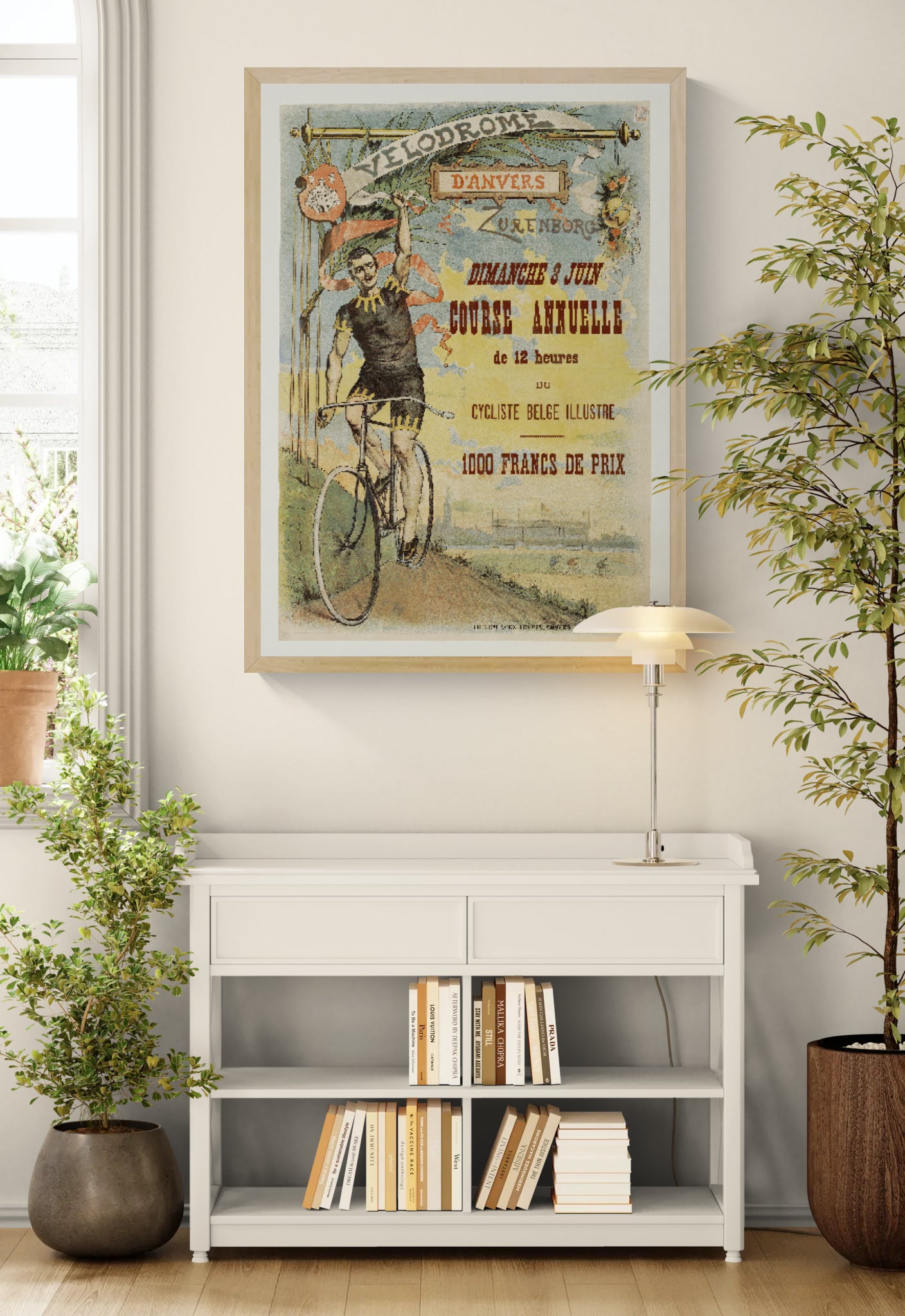 Vintage Velodrome d’Anvers digital art print showing a Belgian cyclist with his bicycle in muted blue, yellow and red tones, in portrait format for cycling-themed wall decor.