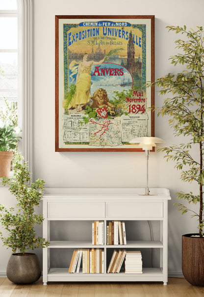 Vertical vintage Antwerp Universal Exhibition 1894 poster featuring an allegorical woman, harbour skyline, globe and ornate typography in red, gold and cream, digitally printed as historical wall art.