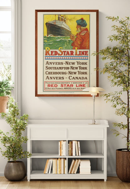 Vintage Red Star Line travel poster by Henri Cassiers featuring the ocean liner Belgenland, a sailor and Antwerp to New York routes in yellow, red and green, printed vertically as maritime wall art.