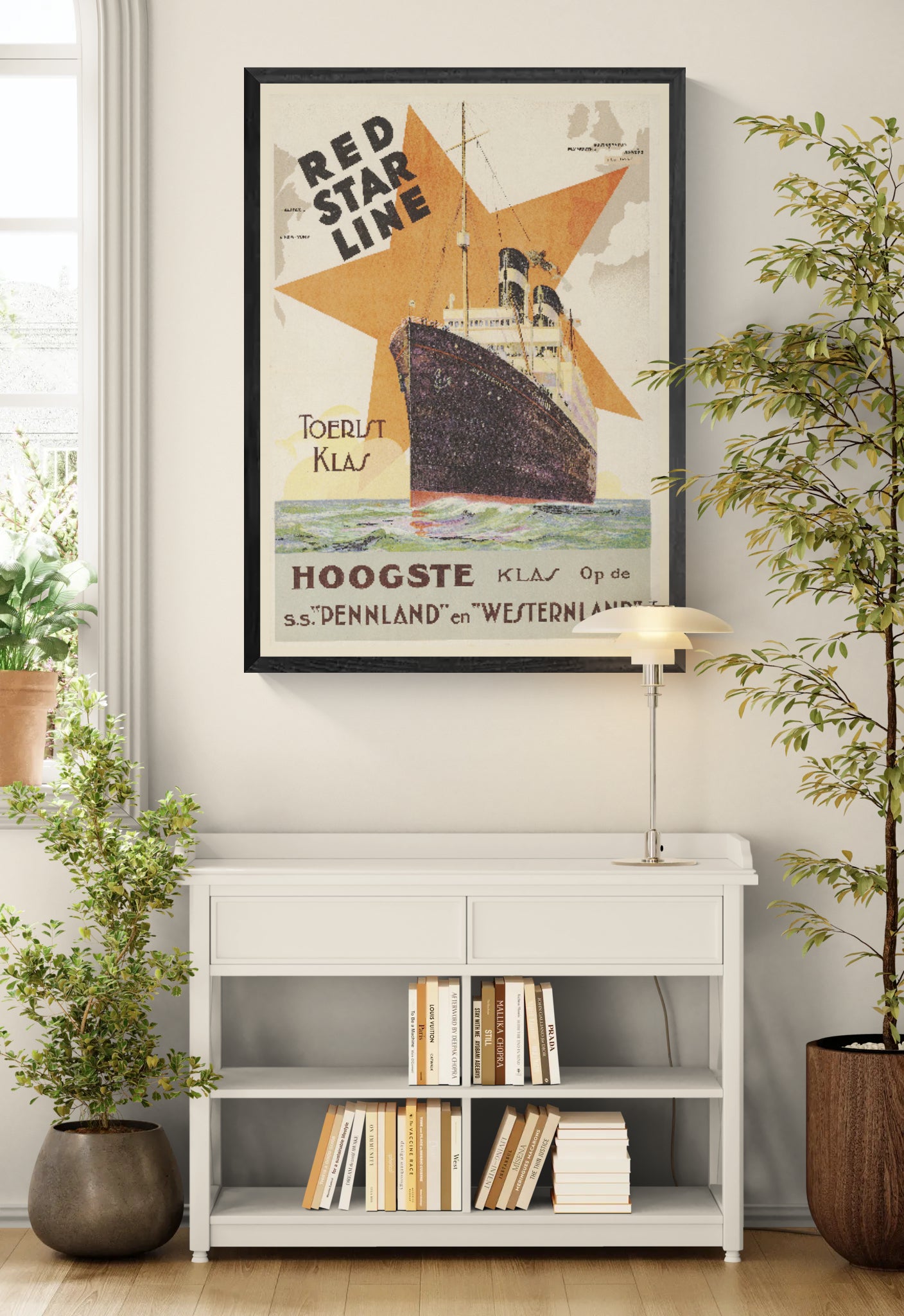 Vintage Red Star Line travel poster featuring the steamship Westernland against a large orange star, printed in portrait format as maritime wall art for classic and eclectic interiors.