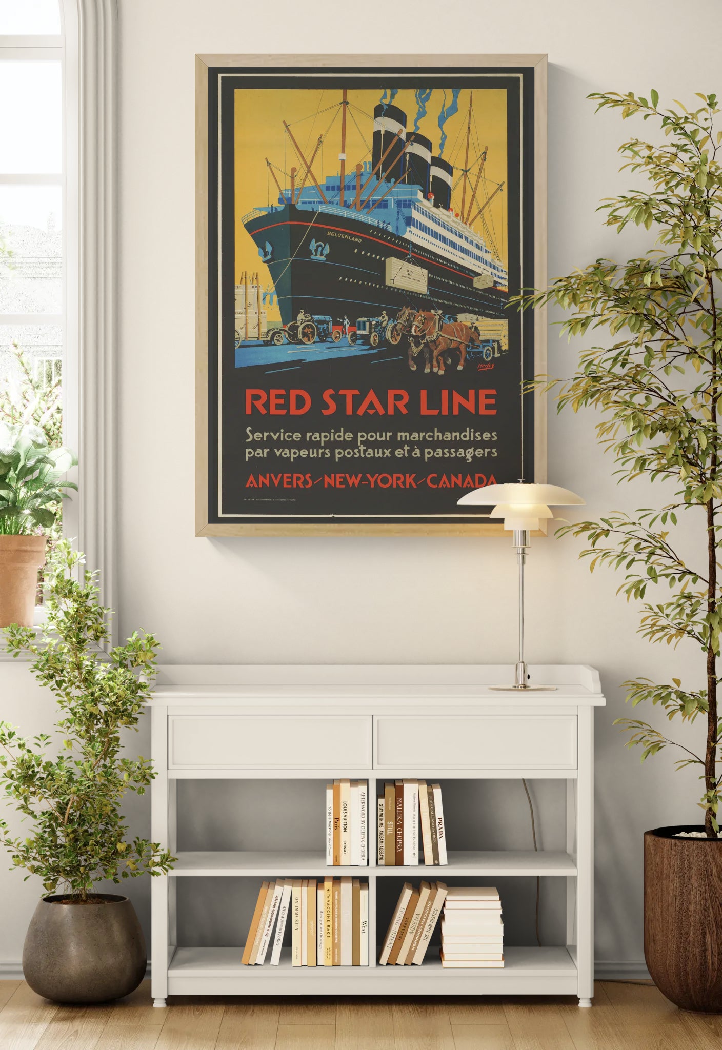 Portrait digital art print of the SS Belgenland in a vintage Art Deco Red Star Line poster, featuring black, ochre, turquoise and red tones as bold maritime wall decor.