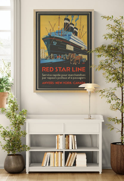 Portrait digital art print of the SS Belgenland in a vintage Art Deco Red Star Line poster, featuring black, ochre, turquoise and red tones as bold maritime wall decor.