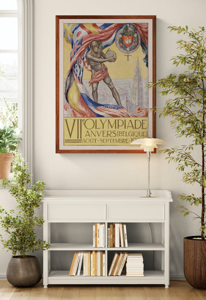 Vertical digital reproduction of the 1920 Antwerp Olympics poster featuring a classical athlete, international flags and Antwerp Cathedral in a colourful vintage Art Deco style for historical wall decor.
