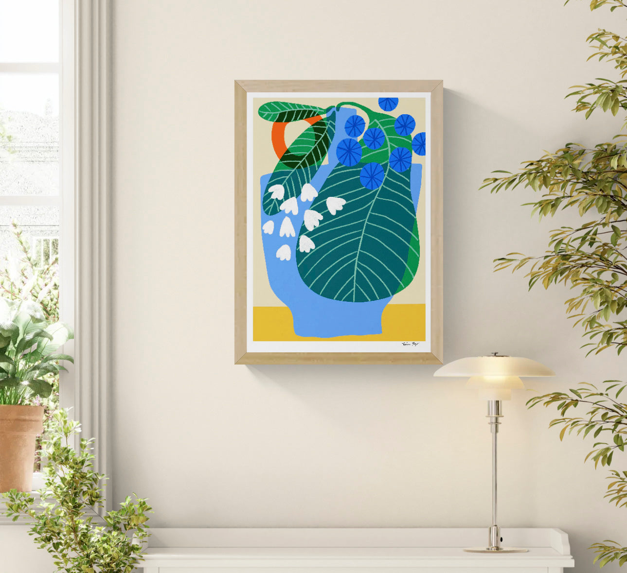 Colourful vertical giclée print by Teresa Rego featuring oversized green Alocasia leaves, blue berries and white flowers in a bold contemporary botanical style.