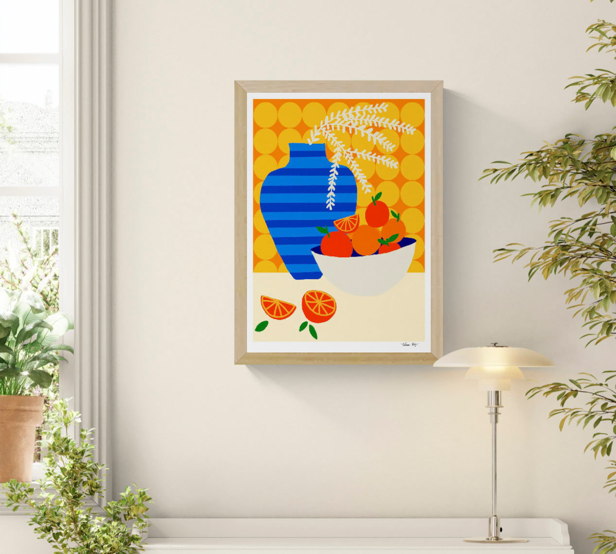 Colourful A3 giclée print by Teresa Rego featuring oranges, a striped blue vase and bold retro kitchen patterns in a vertical contemporary still-life composition.