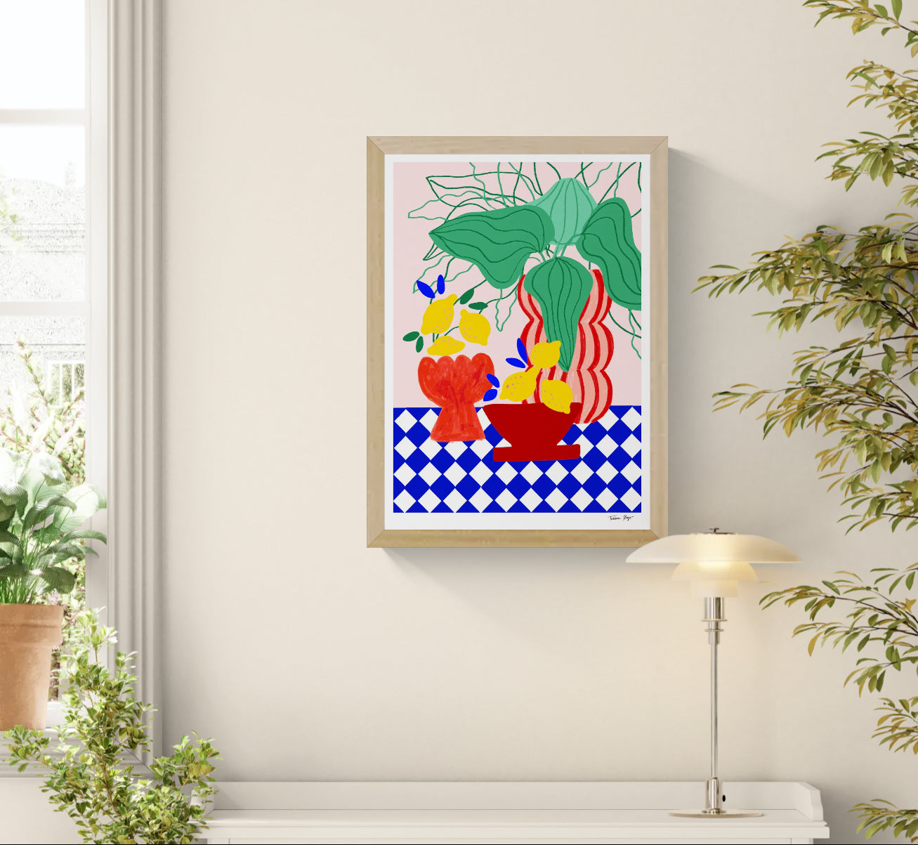 Vertical giclée art print by Teresa Rego featuring yellow lemons, green leaves, sculptural vases and blue-and-white Portuguese tiles in a bold contemporary style.