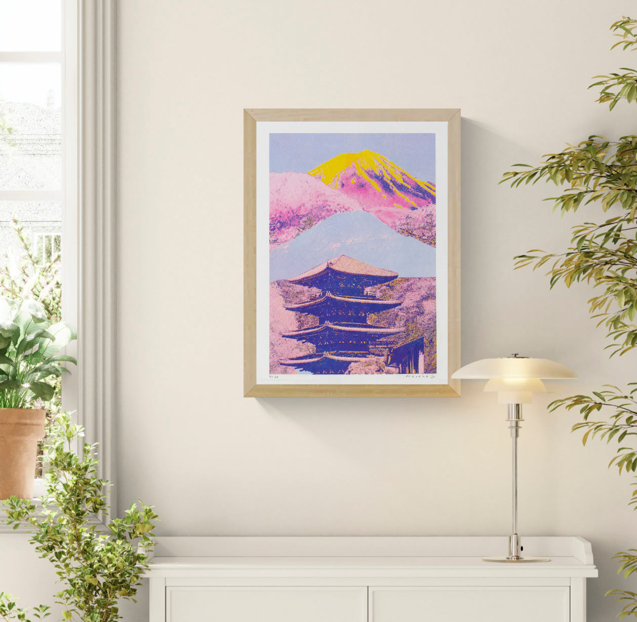Colourful vertical risograph print by PTRVRKD showing a traditional Kyoto temple beneath Mount Fuji, rendered in vivid pink, yellow, blue and purple tones for bold contemporary wall decor.
