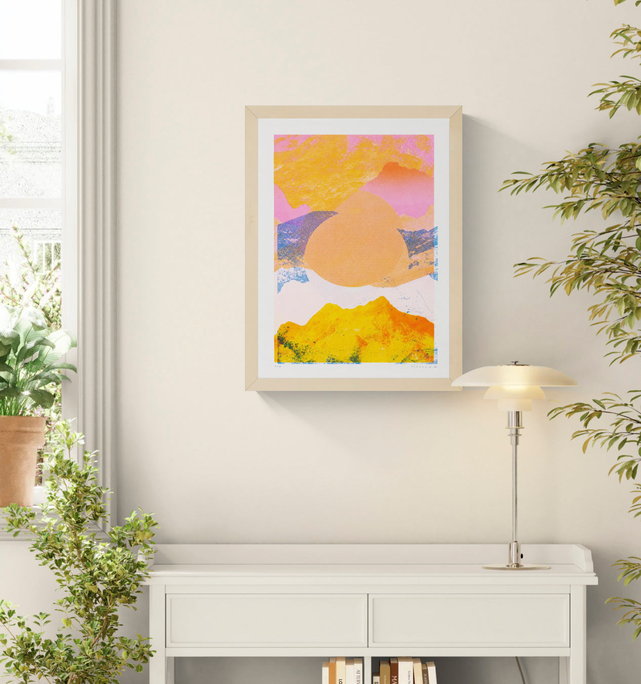 Fragments 4.0 by PTRVRKD, vertical risograph mountain landscape in vivid orange, pink, yellow and blue with layered collage textures, bold contemporary wall art for modern interiors.