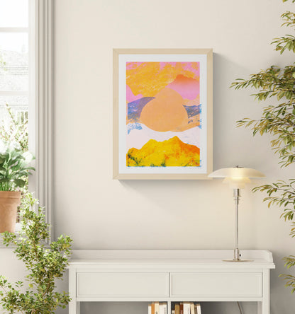 Fragments 4.0 by PTRVRKD, vertical risograph mountain landscape in vivid orange, pink, yellow and blue with layered collage textures, bold contemporary wall art for modern interiors.