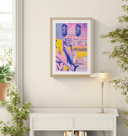 A3 risograph collage print of a surreal Tokyo street scene with fish and lanterns by PTRVRKD, handmade in bold pink, blue, and yellow tones.