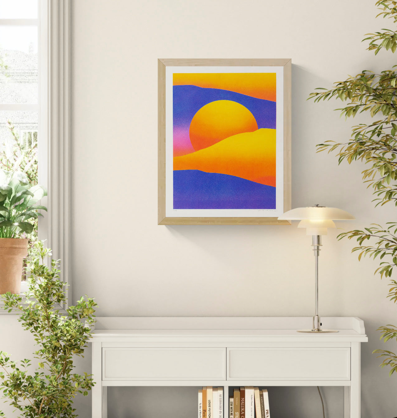 Purple and yellow dune landscape by PTRVRKD with a large orange sun, deep violet hills and warm yellow dunes, A3 vertical risograph print for colourful contemporary wall decor.