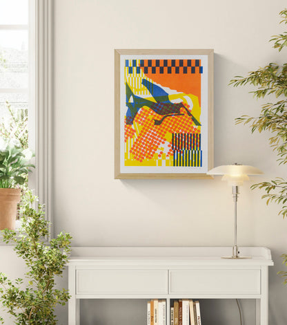 Colorful Collage 3 by PTRVRKD, vertical A3 risograph print with layered orange, yellow, blue and dark green abstract shapes, graphic patterns and bold contemporary color for modern wall decor.