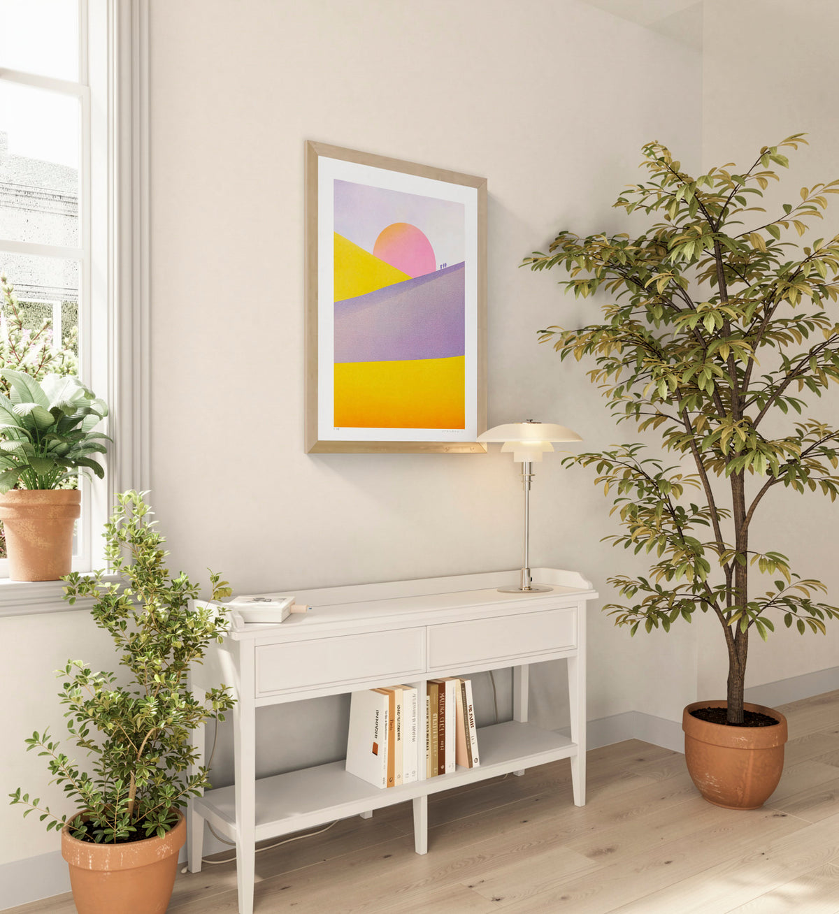 Dune Landscape - Sunset by PTRVRKD, vertical risograph print with yellow and purple desert dunes, a large pink sunset and tiny walking figures, colourful contemporary wall art for modern interiors.