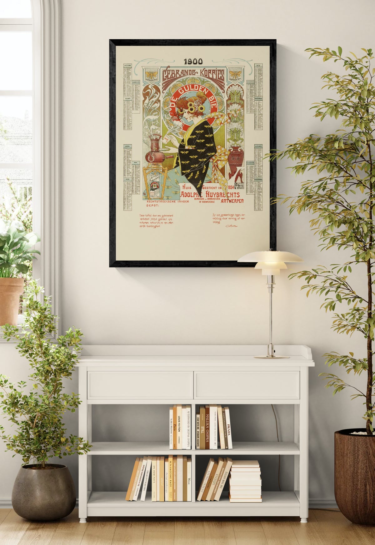 Vintage Art Nouveau coffee advertisement by Albert Castille featuring a woman surrounded by bees, flowers, ornate lettering and warm cream, orange, green and black tones. Vertical 50x70 digital print for kitchen or dining room wall art.