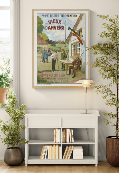 Vintage Belgian advertising poster showing an Antwerp outdoor scene, hunters, a Belgian flag and bold Vieux d'Anvers lettering in muted red, green and blue. Vertical digital print for vintage wall decor.