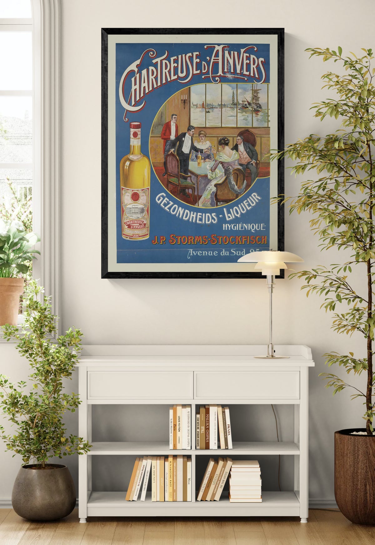 Vintage Chartreuse d'Anvers advertising poster showing a liquor bottle, elegant figures and Antwerp harbor scenery in blue, red and gold, vertical digital print for retro wall decor.